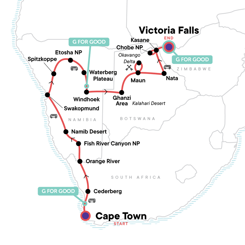 Map of the route for Cape Town to Victoria Falls Overland Safari & Participation Camping