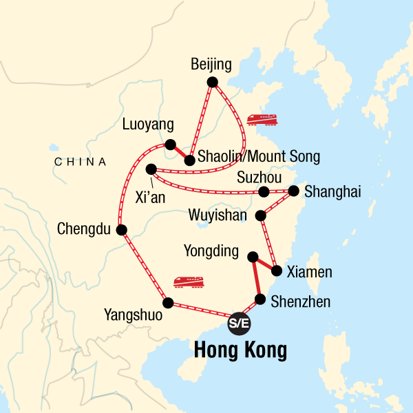 Map of the route for Ultimate China on a Shoestring - Hong Kong to Hong Kong