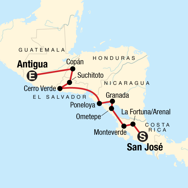 Map of the route for Back Roads of Central America: Craters & Community Guesthouses