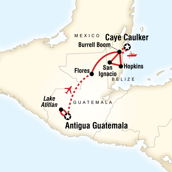 Map of the route for Explore Guatemala & Belize