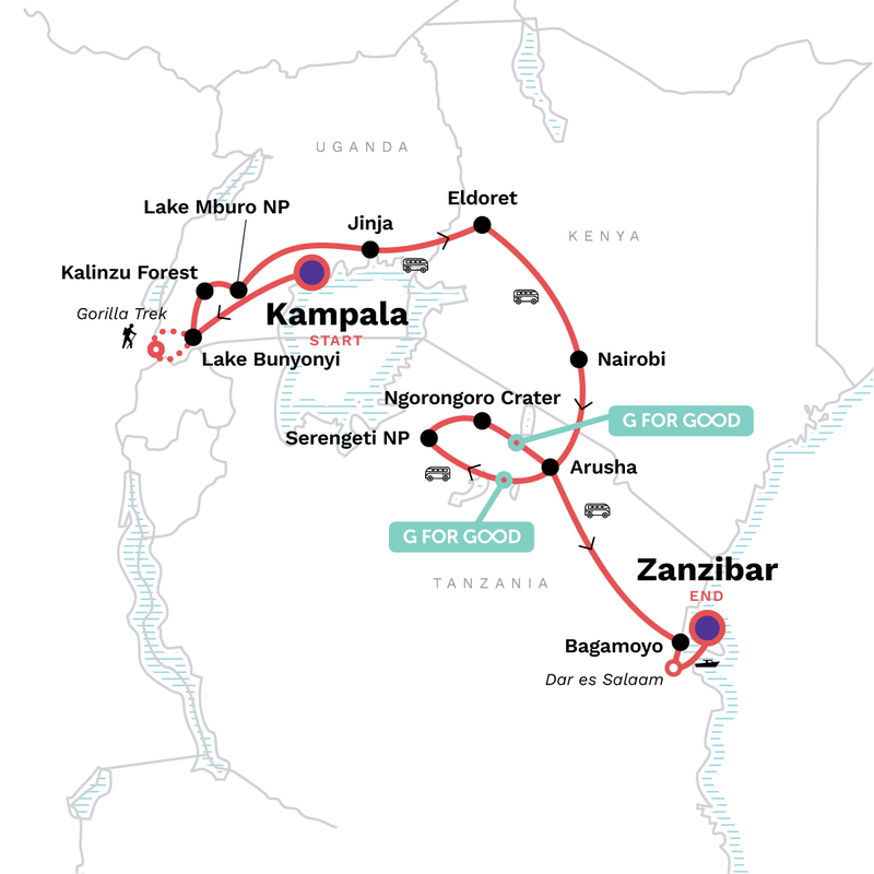 Map of the route for Uganda to Tanzania Overland Safari with Participation Camping