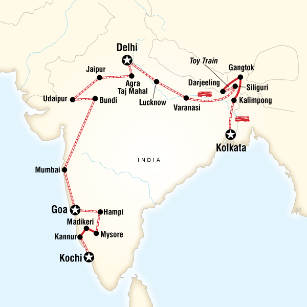 Map of the route for Kolkata to Kochi by Rail