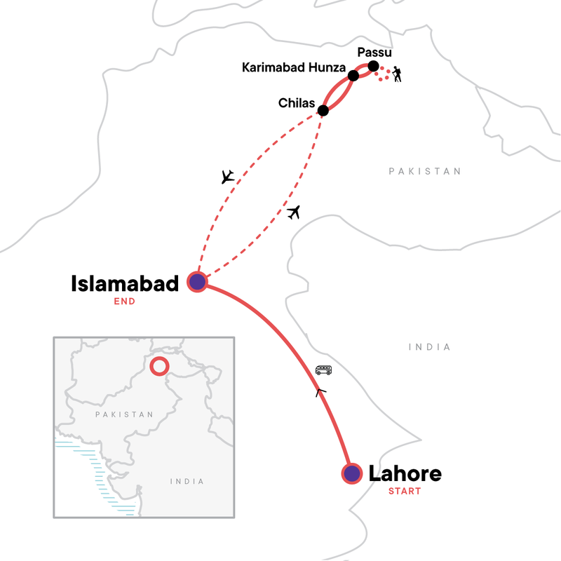 Map of the route for Best of Pakistan: Lahore, Islamabad & Passu Glacier