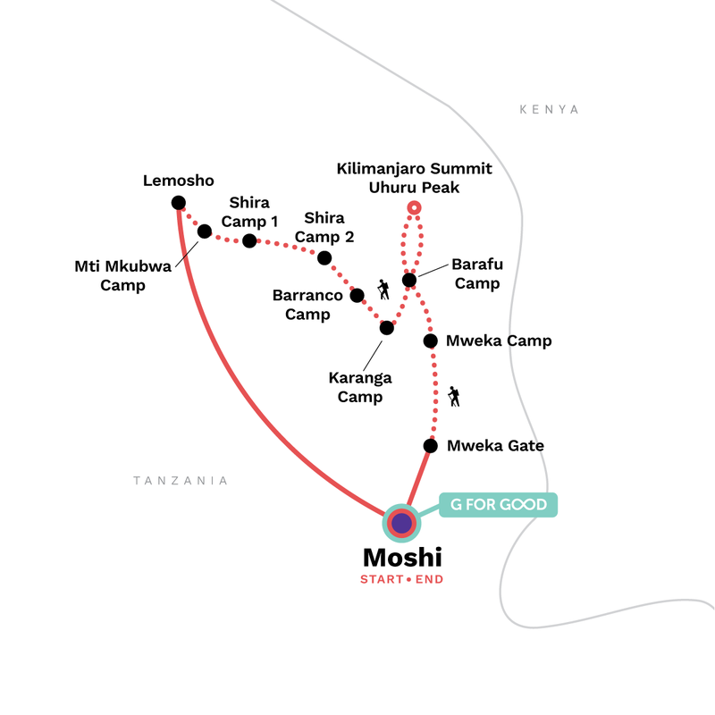 Map of the route for Mt Kilimanjaro Trek - Lemosho Route