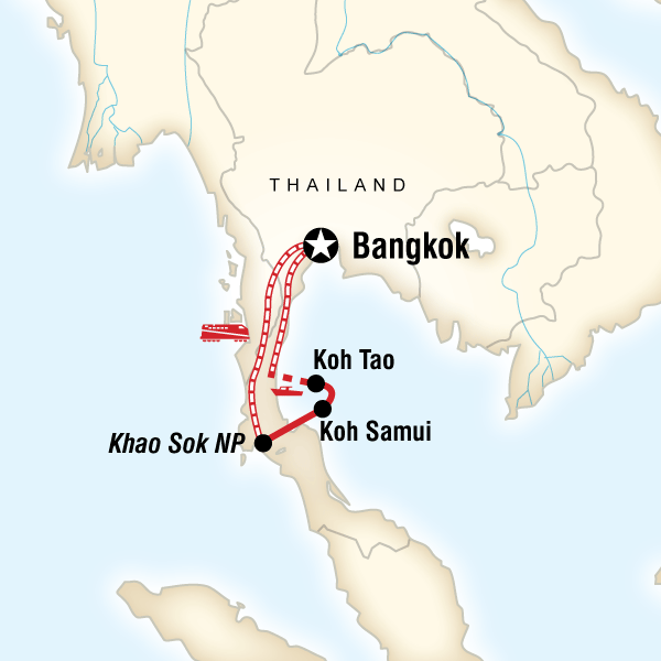Map of the route for Southern Thailand Sojourn: Nightlife & National Parks