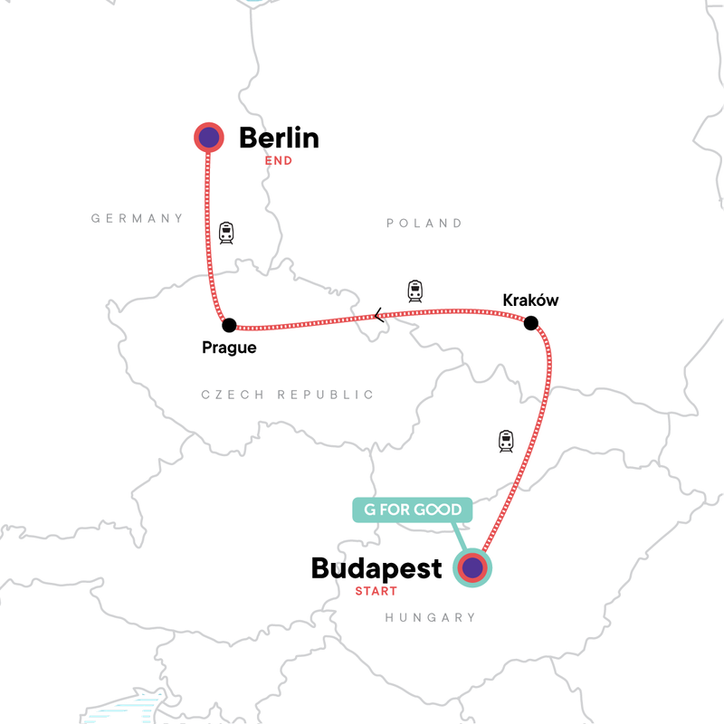 Map of the route for Budapest to Berlin: Graffiti Walls & Market Halls