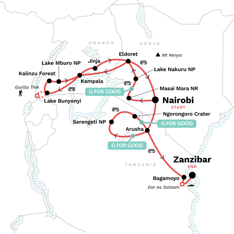 Map of the route for East Africa & Zanzibar Overland Safari & Participation Camping