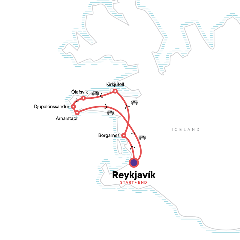 Map of the route for Three Days in Iceland: Reykjavik & Snæfellsnes Peninsula