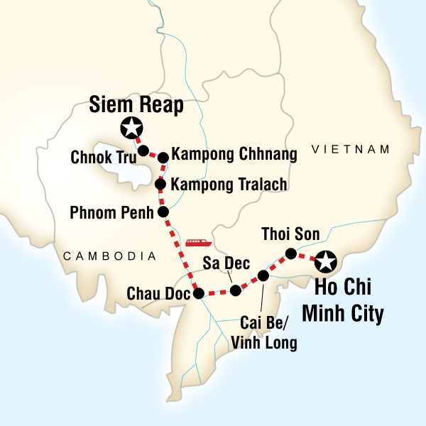 Map of the route for Mekong River Experience – Siem Reap to Ho Chi Minh City