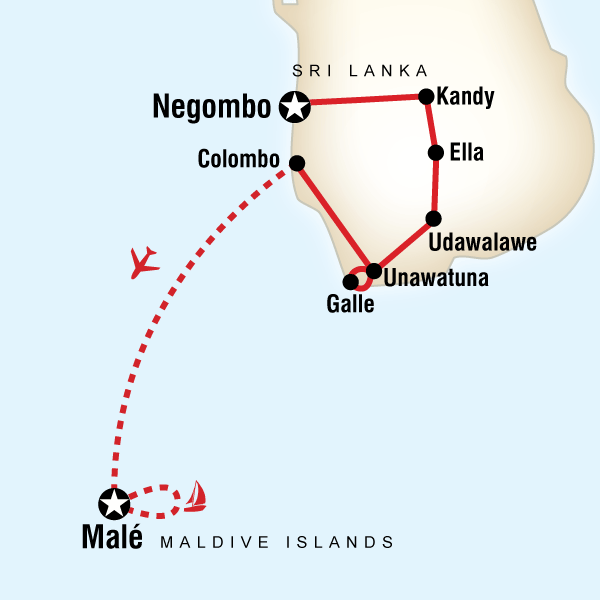 Map of the route for Sri Lanka & Maldives Adventure