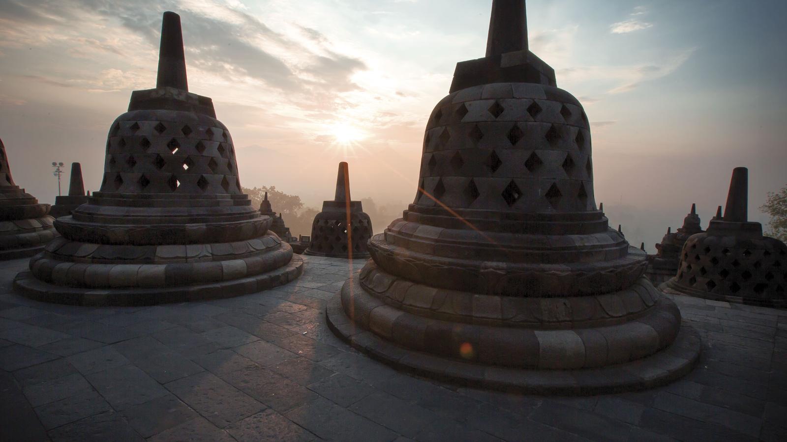 The Borobodur Temple at sunrise in Indonesia