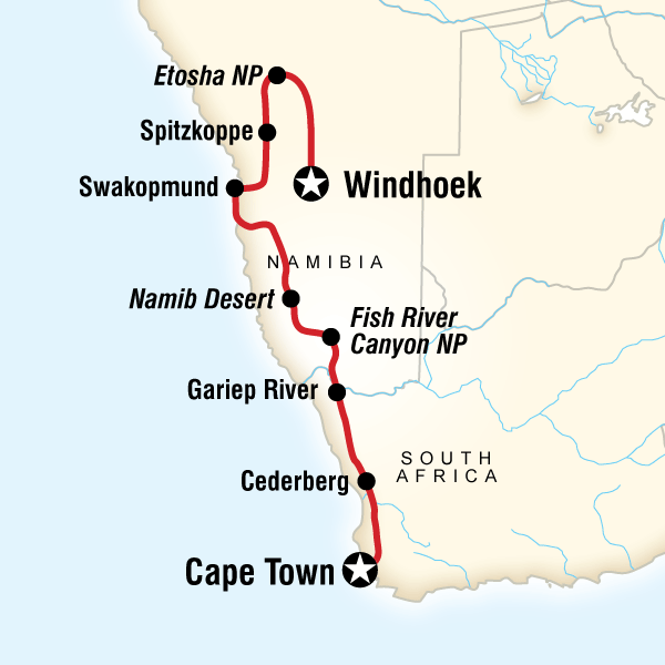 Map of the route for Cape & Dunes Southbound: Desert Camping & Safari Drives