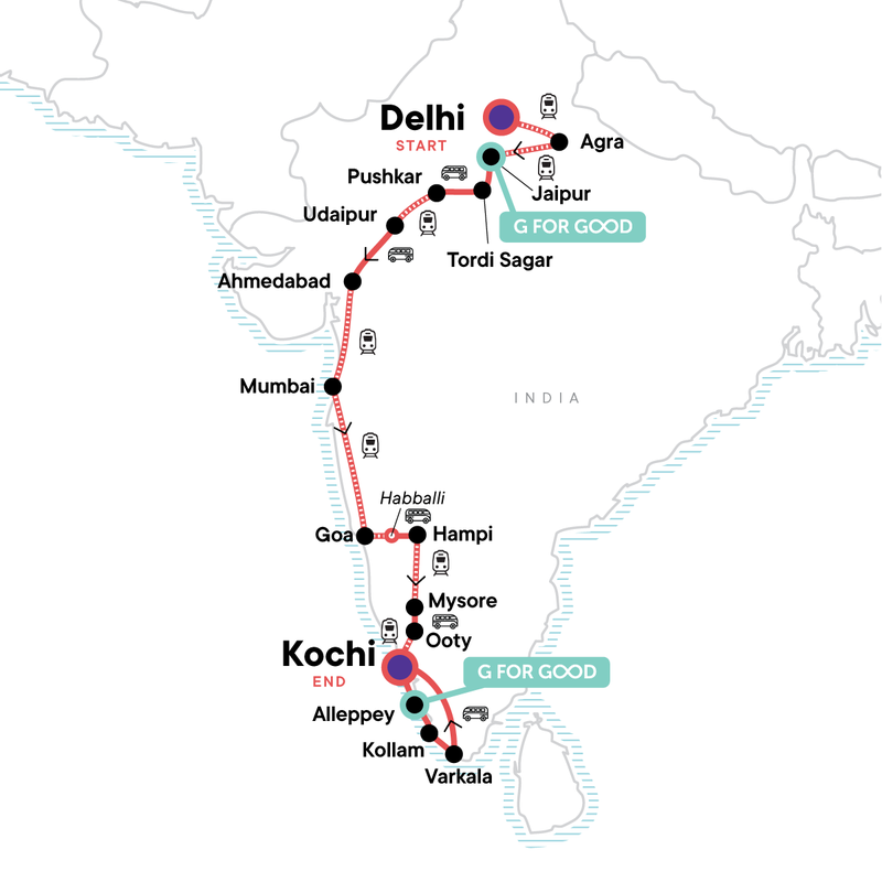 Map of the route for India North to South: Goa & The Golden Triangle