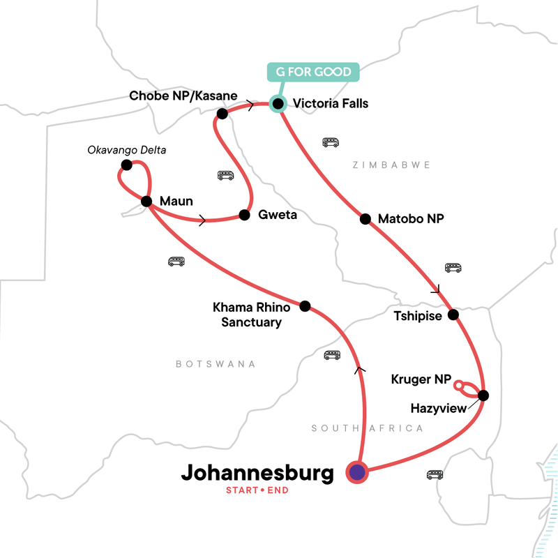 Map of the route for Southern Africa Encompassed: Bush Camps & Wildlife Spotting