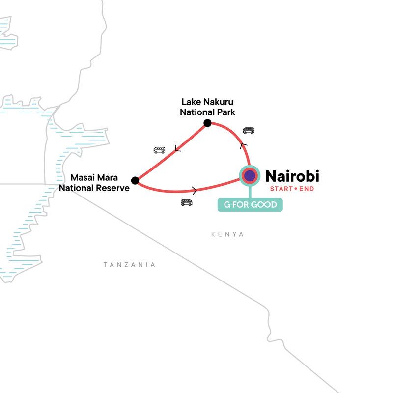 Map of the route for Unforgettable Kenya: Masai Mara & Lake Nakuru
