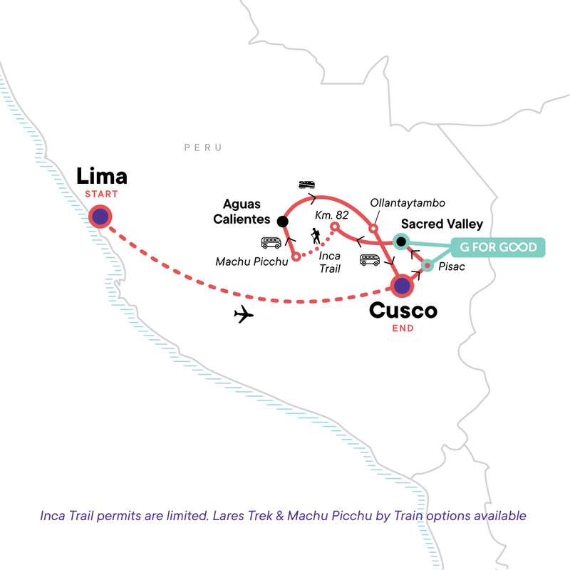 Map of the route for Peru: Lima, the Sacred Valley & the Inca Trail