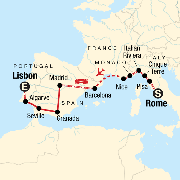 Map of the route for Rome to Lisbon on a Shoestring