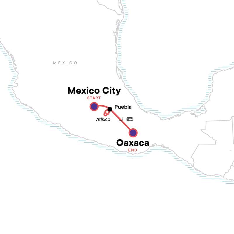 Map of the route for Mexico City to Oaxaca: Celebrate Day of the Dead