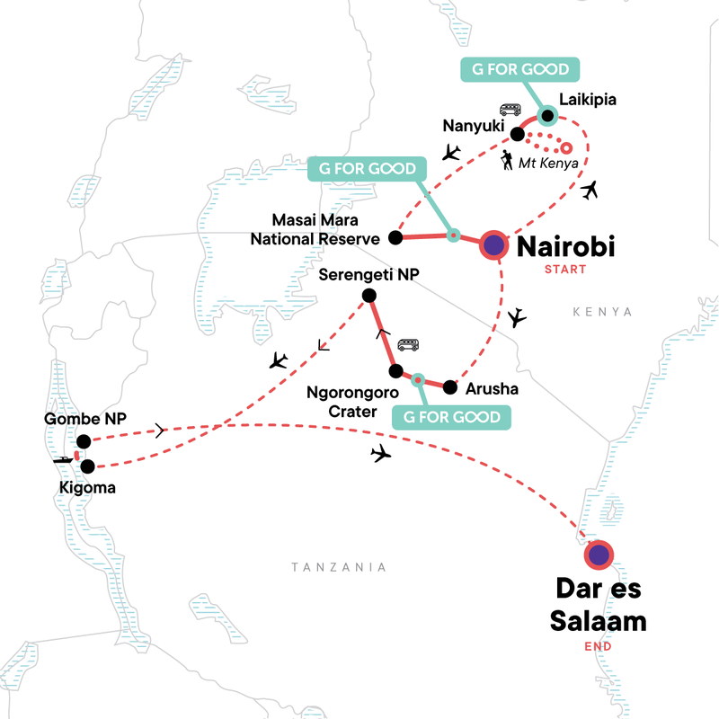Map of the route for East Africa: Safari Drives, Mountain Hikes & Chimp Trekking