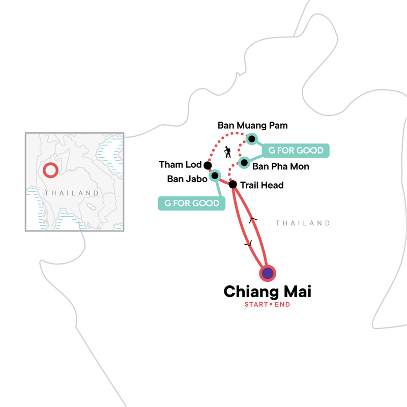 Map of the route for Northern Thailand Hilltribes Trek