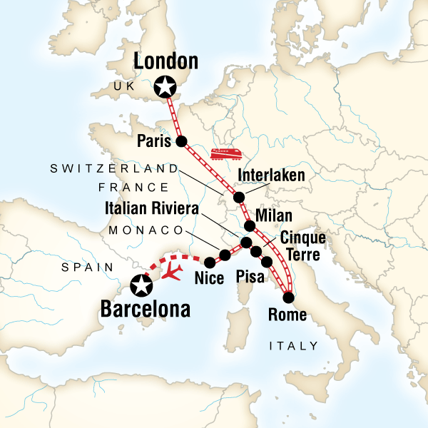 Map of the route for London to Barcelona: Tapas & Train Rides