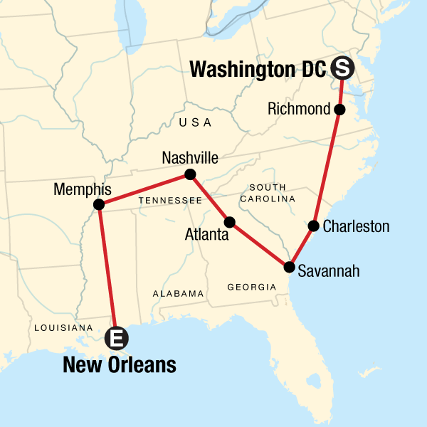Map of the route for DC to Deep South – Music, Eats, and Culture