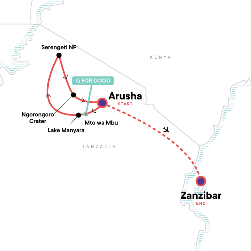 Map of the route for Serengeti Safari & Zanzibar