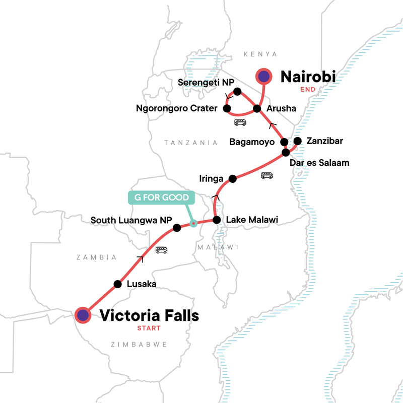 Map of the route for Zimbabwe to Kenya Overland Safari & Participation Camping
