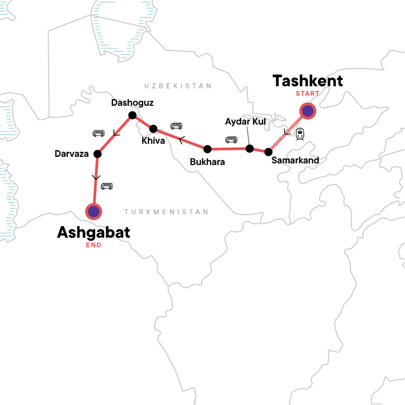 Map of the route for Best of Uzbekistan and Turkmenistan