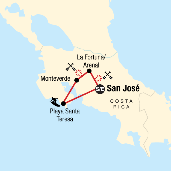 Map of the route for Costa Rica Volcanoes & Surfing