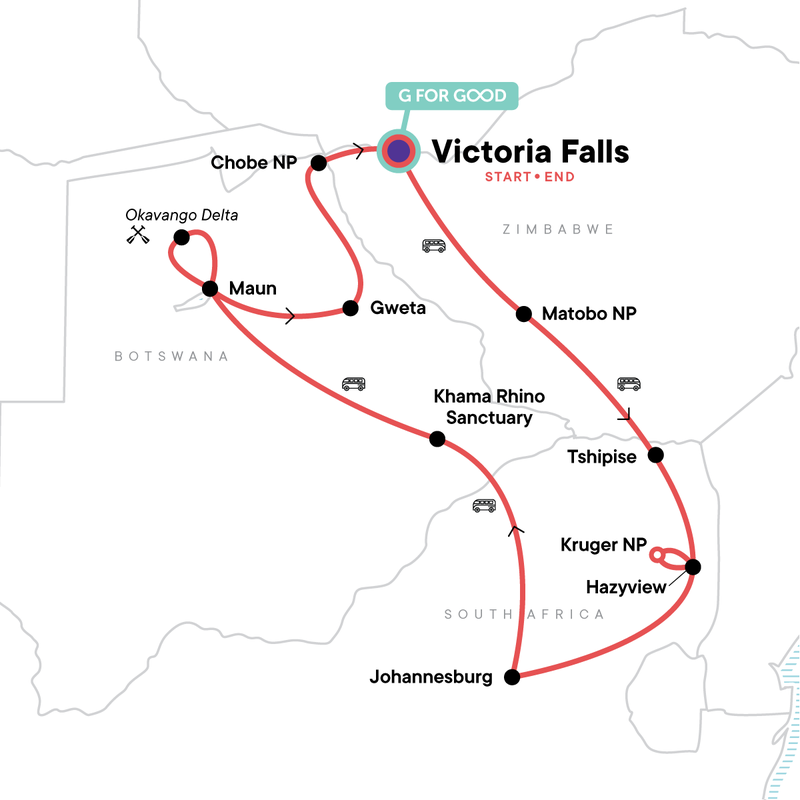 Map of the route for Southern Africa Overland: Canoes & Camp-Outs