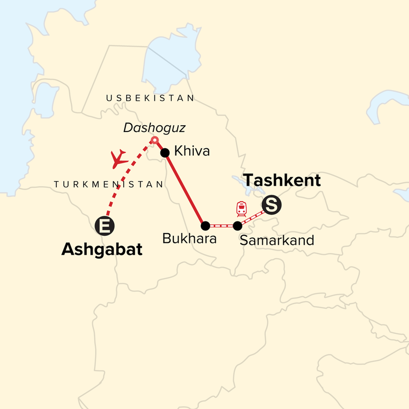 Map of the route for Journeys: Stories of Uzbekistan & Turkmenistan