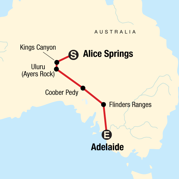 Map of the route for The Red Centre to Adelaide