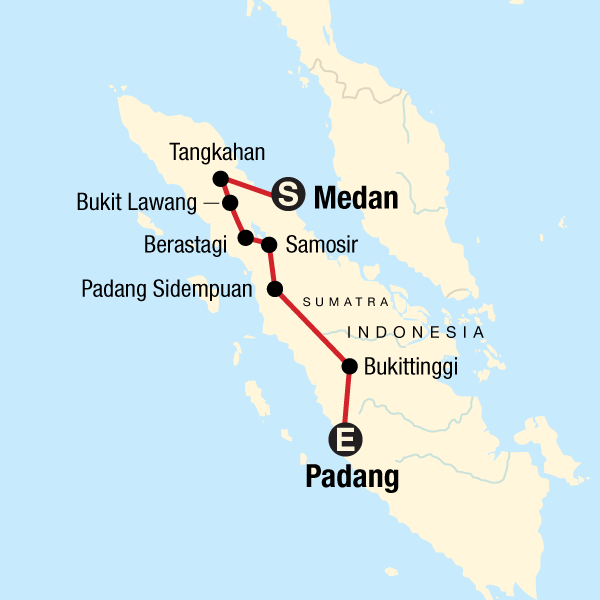Map of the route for Highlights of Sumatra: Hot Springs & Beachside Bliss