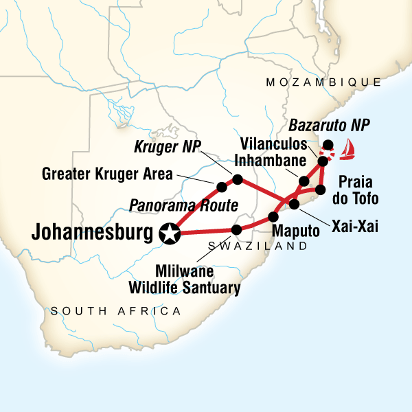 Map of the route for Mozambique, Kruger & Swazi Discoverer
