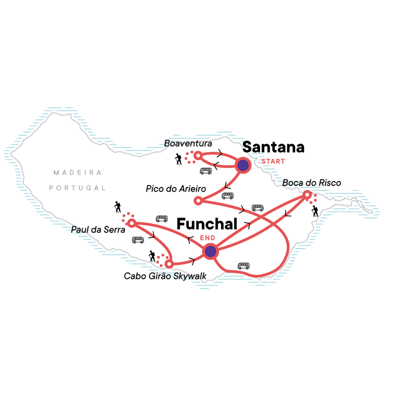 Map of the route for Hiking in Madeira