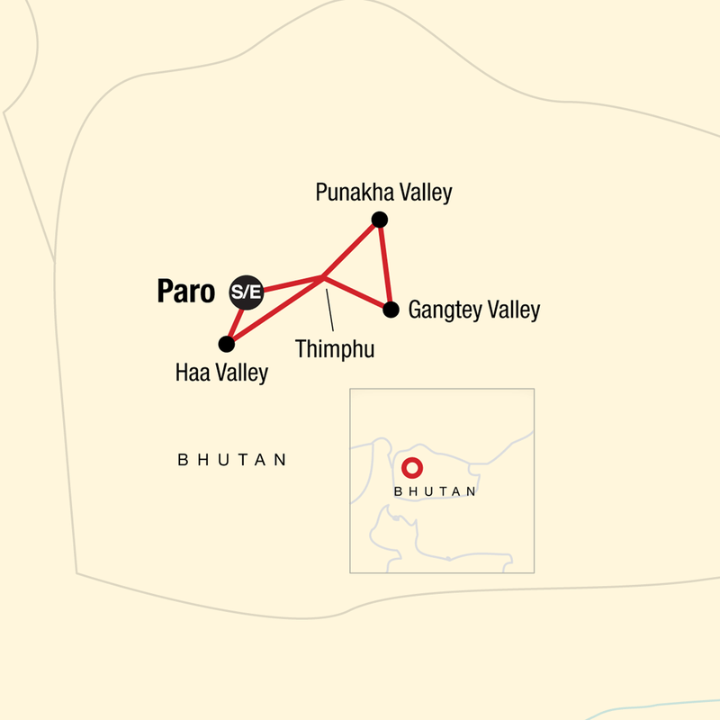 Map of the route for Wonders of Bhutan