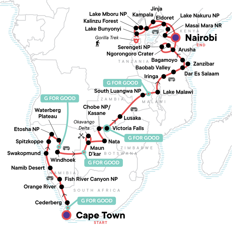 Map of the route for Absolute Africa Overland Safari & Participation Camping