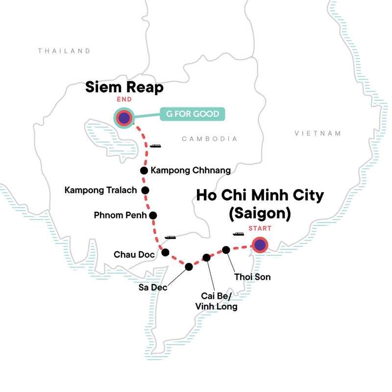 Map of the route for Mekong River Experience – Ho Chi Minh City to Siem Reap