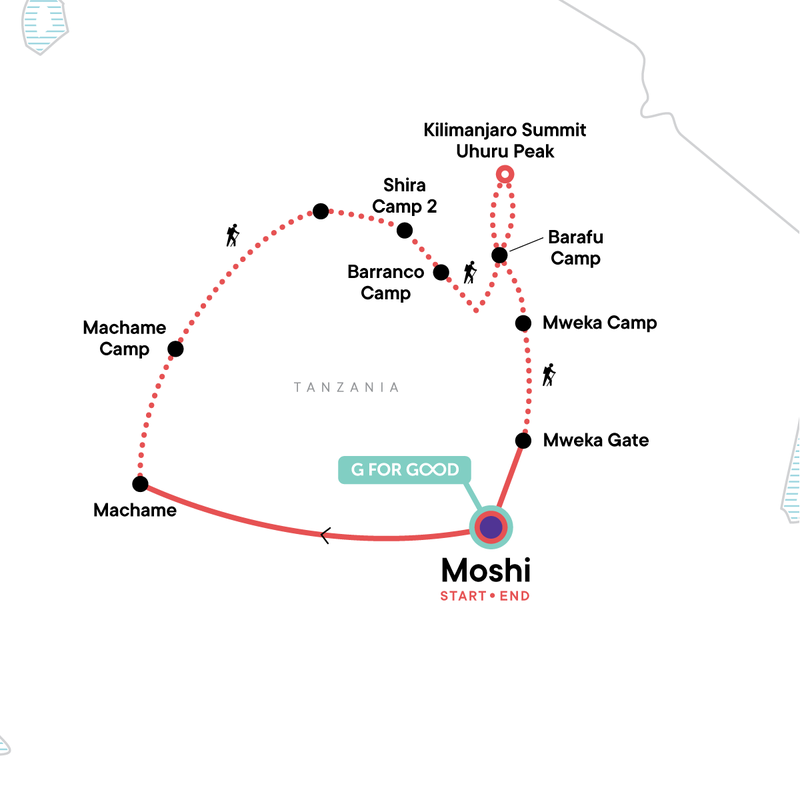 Map of the route for Mt Kilimanjaro Trek - Machame Route (8 Days)