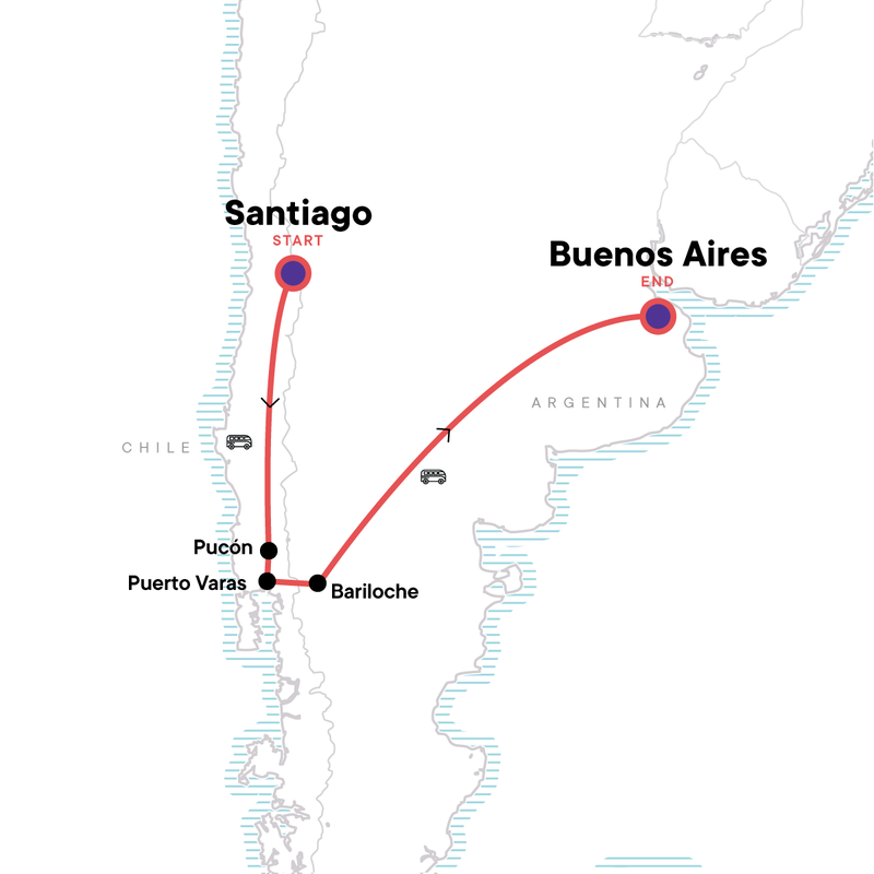 Map of the route for Santiago to Buenos Aires: Volcanos, Valleys & the Lake District