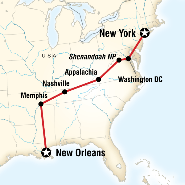 Map of the route for Music, Mountains & Monuments Eastbound