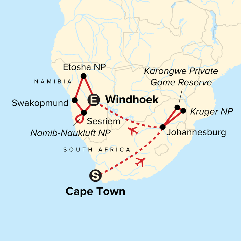Map of the route for Journeys: Cape Town, Kruger & Namibia