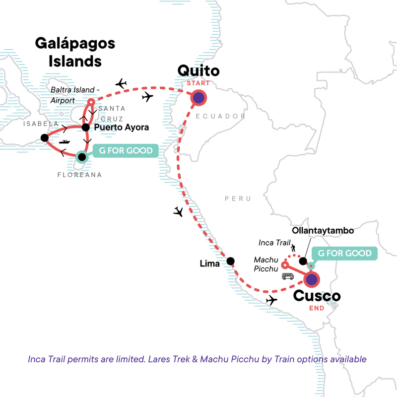 Map of the route for Active Galápagos & Machu Picchu