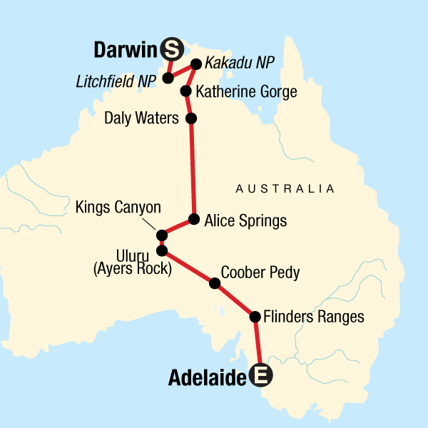 Map of the route for Australia North to South – Darwin to Adelaide