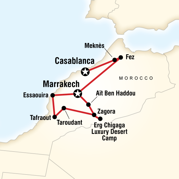 Map of the route for Journeys: Morocco in Depth