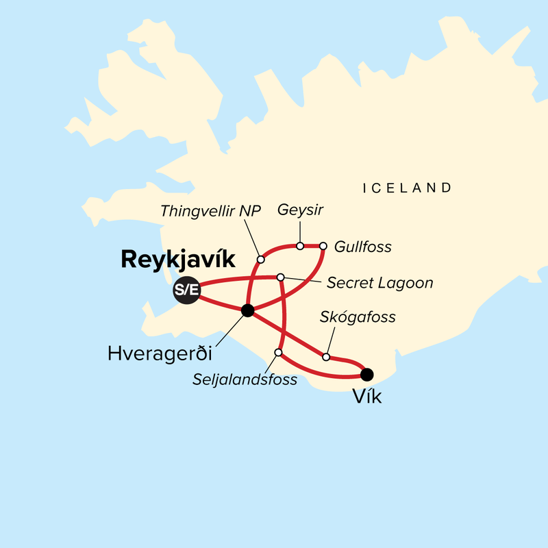 Map of the route for Iceland Family Journey: Geysers, Glaciers, and Fjords