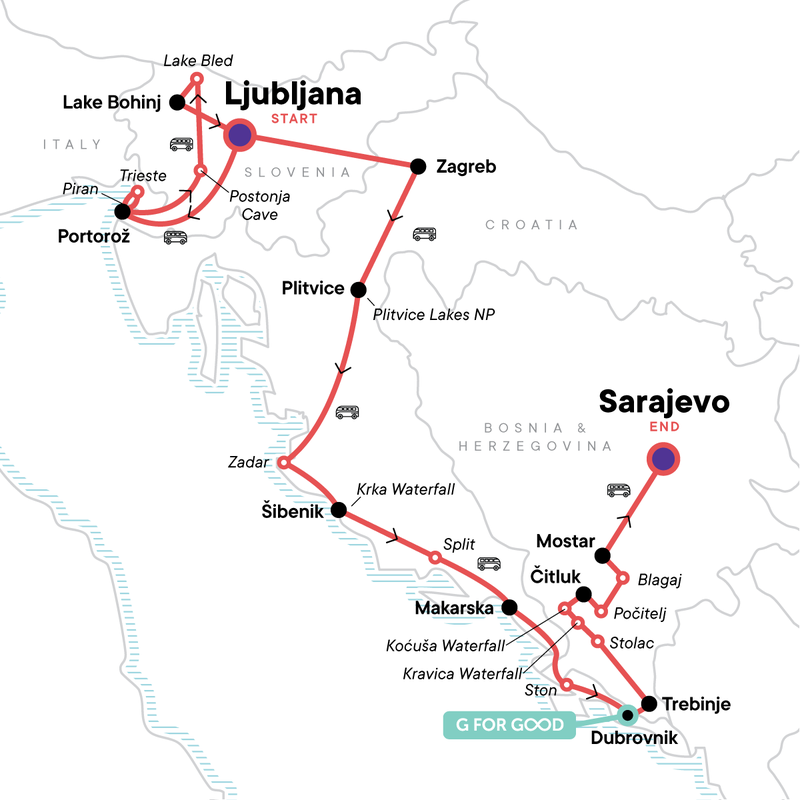 Map of the route for Classic Balkans:  Ljubljana to Sarajevo