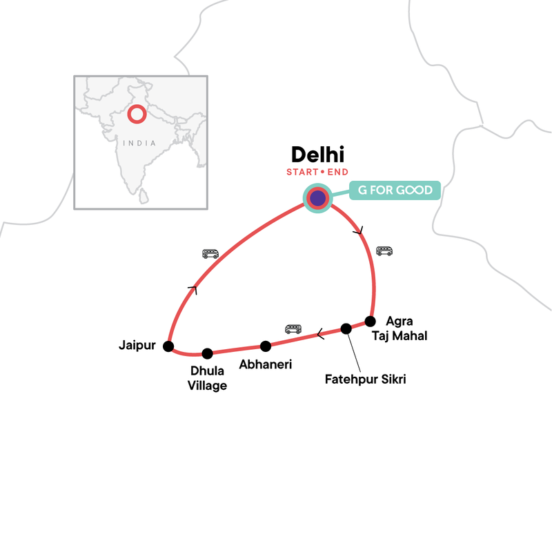 Map of the route for TailorMade India: Delhi, Rajasthan, and Jaipur