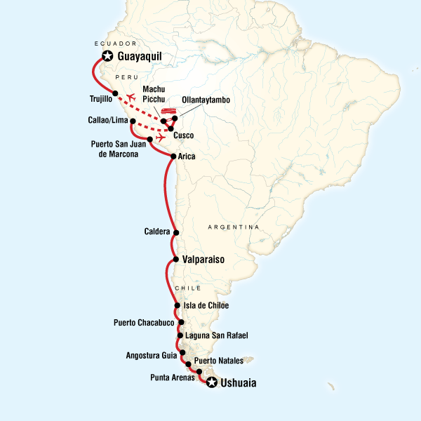 Map of the route for South America Cruise - Ushuaia to Guayaquil